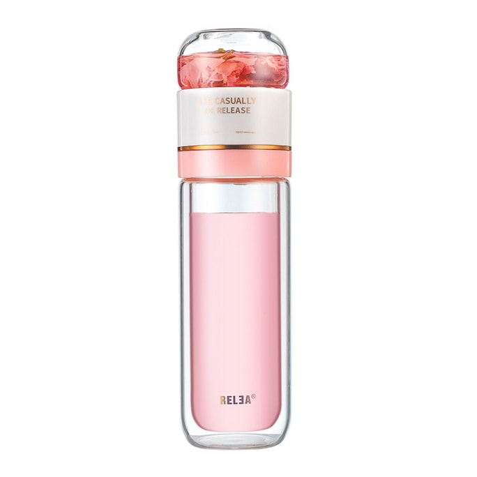 Water Bottle Glass Bottle with Stainless Steel Tea Infuser Filter Double Wall Sport Water Tumbler Pink 300 ml