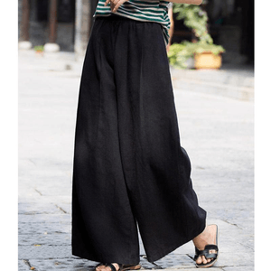 Chinese Style Cotton and Linen High Waist Loose Wide-leg Casual Pants Black M