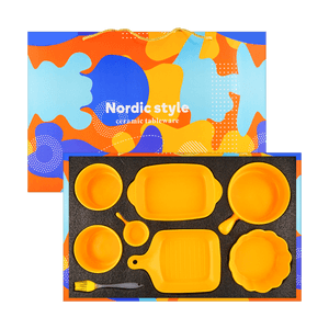 二人陶瓷餐具礼盒套装 烘培套装 单柄烤盘+双耳烤盘+黄色饭碗*2+单柄味碟+花边碗+单柄碗+油刷 可进微波炉烤箱洗碗机消毒柜