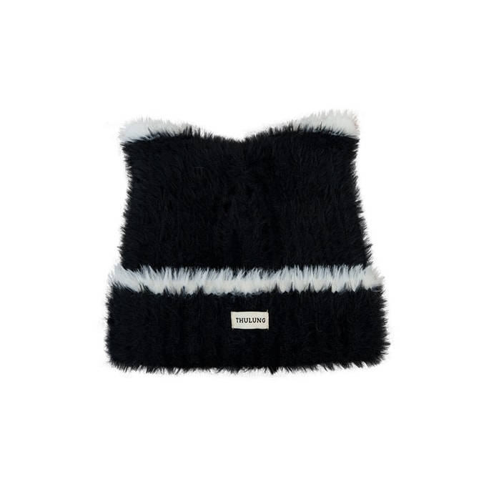 Sweet And Cute Cat Ear Plush Hat For Women Warm Casual Headwear For Autumn And Winter Black One Piece