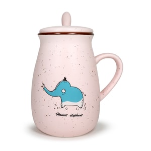 GINKGOHOME Cute Animal Milky Ceramic Mug With Spoon And Lid - Pink Elephant 12oz