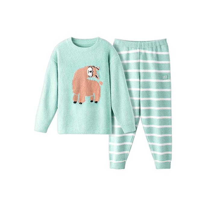 Kid's Half Fleece Pajamas Set Crew Neck Long Sleeve Loungewear Green Alpaca 120cm