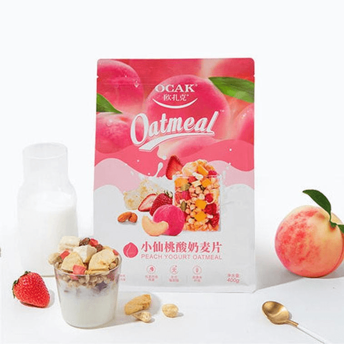 【中国直送】オザーク シャオ・ジャンのおすすめ フルーツ＆ナッツオートミール、食事代替品、栄養満点の朝食、インスタントオートミール、400g、リトルピーチヨーグルト