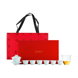 藍印東方 景德鎮陶瓷中式泡茶壺茶具組 山水浮雕蓋碗禮盒裝 三才蓋碗*1 杯*6 玻璃公道*1【影青款】