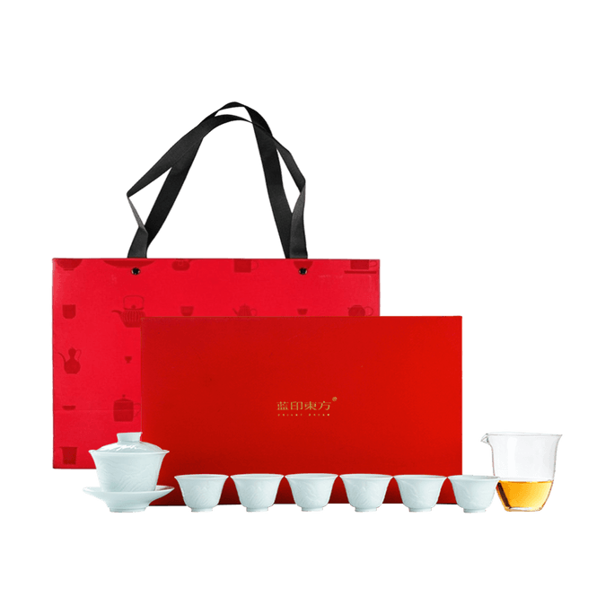 蓝印东方 景德镇陶瓷中式泡茶壶茶具套装 山水浮雕盖碗礼盒装 三才盖碗*1 杯*6 玻璃公道*1【影青款】+手提袋