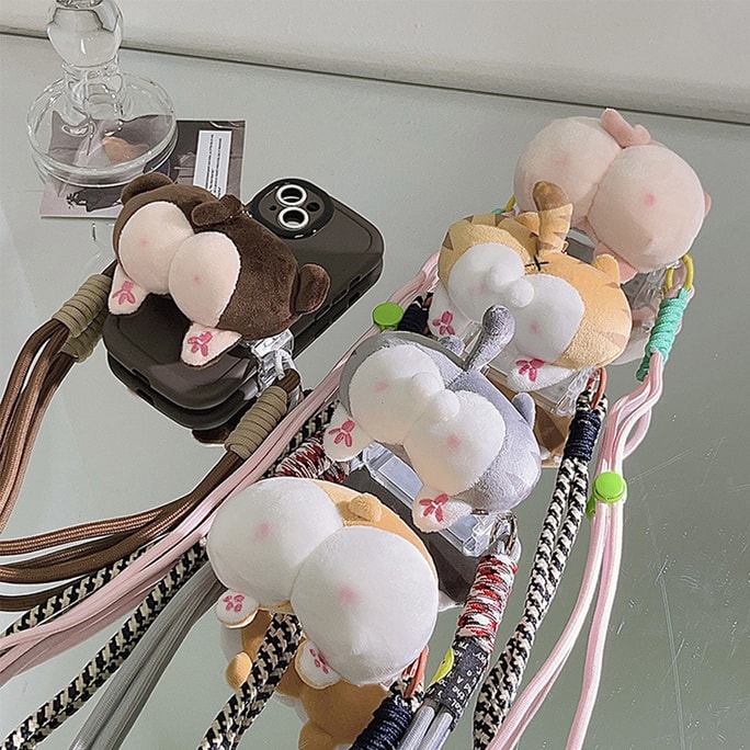 HSPM 全新可愛創意公仔屁手機背夾斜跨手機鏈加長繩通用手機殼diy手工編織灰貓屁屁公仔背夾+灰色長繩 F