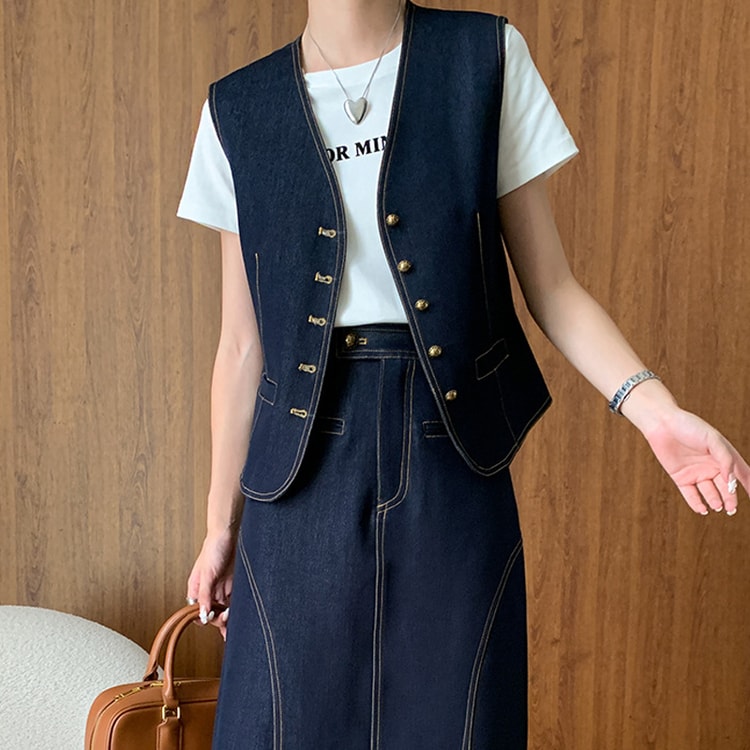 ダークブルー ストライプ ノースリーブベスト