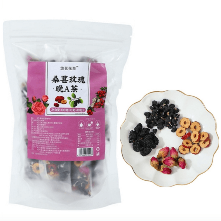 Youming Huacao Thé du soir A Thé aux fruits Mûre Rose Lyciet noir [Vitamine A Thé aux fleurs Thé de l'après-midi bien-être] « Combinaison matinale C soirée A » 100g (10 sachets/sac) Tisane bien-être Accompagnement de collation 5