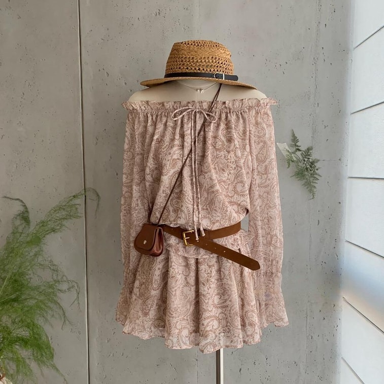 [캐나다 직배송] SCENARIO 로저 페이즐리 프린트 3피스 세트 (상의 + 스커트 + 벨트) - 원 사이즈 - 베이지 4