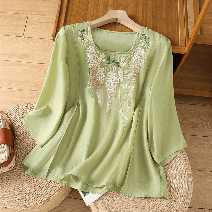 Chinese Style Embroidered Half Sleeve T Shirt Top Green M