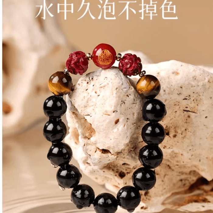 中国直送】普陀山吉祥堂天然黒曜石ブレスレット 守護仏三合一