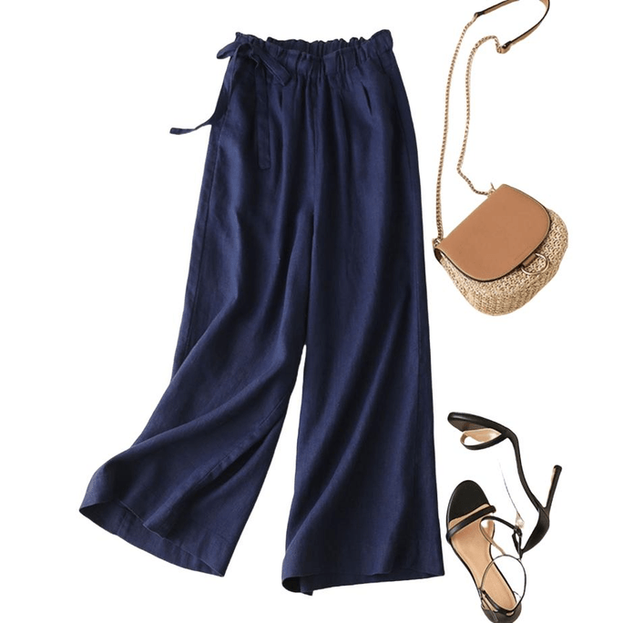 Cotton And Linen High Waist Loose Side Ties Wide-leg Pants Navy L