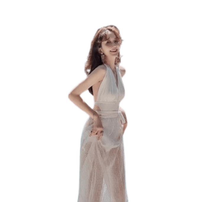 New one-piece swimming costume female ins style sexy pure desire seaside holiday white with gauze skirt M size 1 pcs
