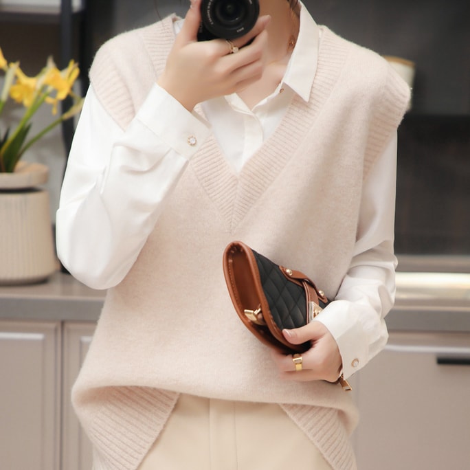 중국 Leobeki 가을, 겨울 한국 스타일 v 넥 느슨한 민소매 스웨터 니트 조끼 베이지 M