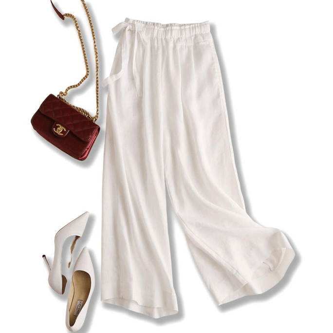 Cotton And Linen High Waist Loose Side Ties Wide-leg Pants White M
