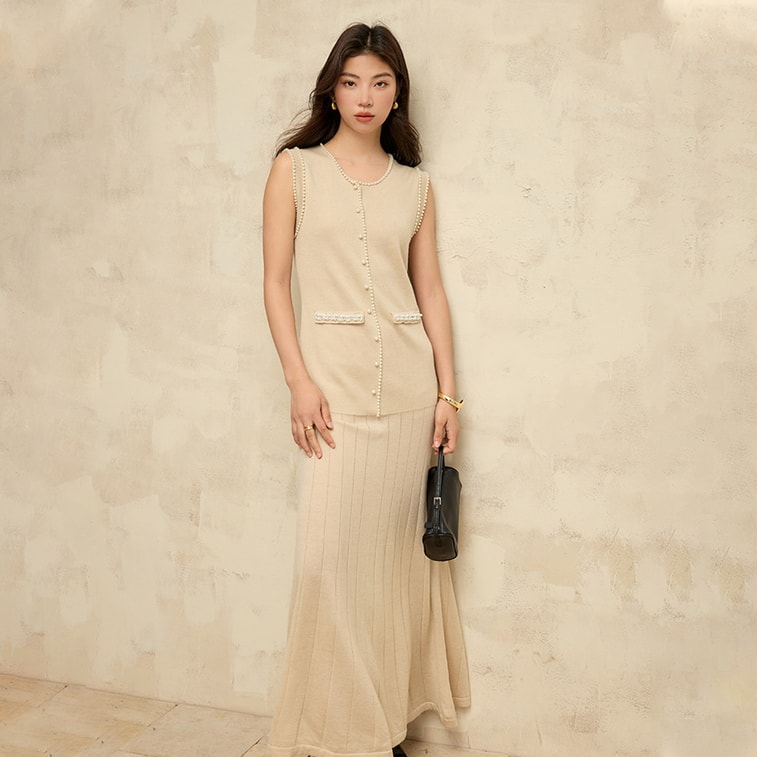 New Heavy Industry Dingzhu Xiaoxiangfeng Knitted Dress Sleeveless Vest Skirt Impression Rice L 4