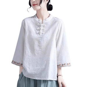 【中国直邮】 ASIS 新中式女士盘扣刺绣中袖立领衬衣上衣-白色 L