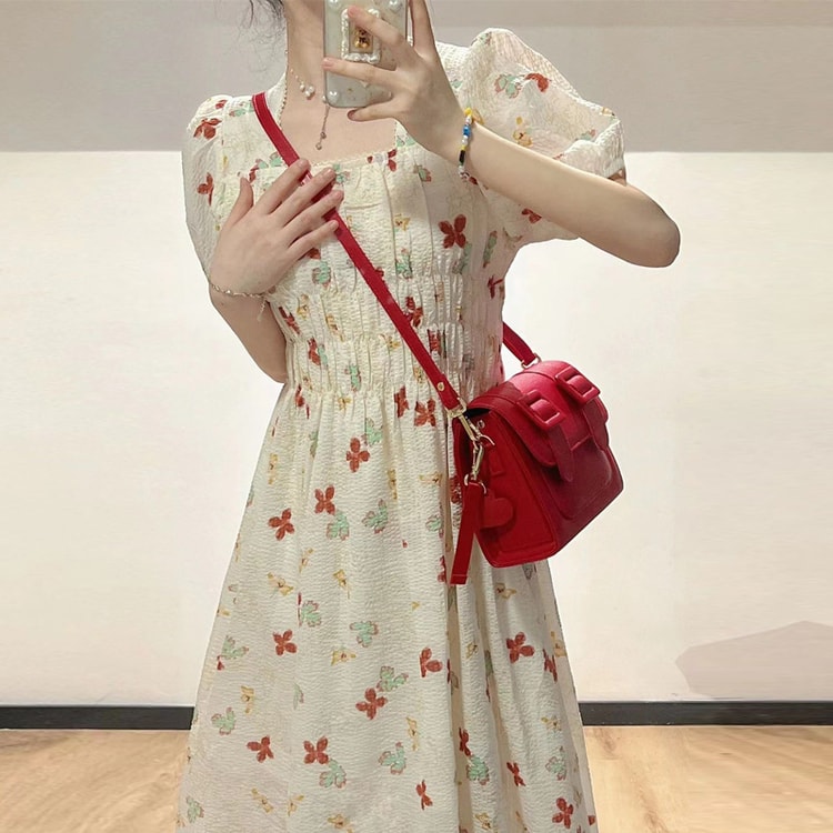New Waist Cinching Floral Dress In Apricot Color XL - Yami.com