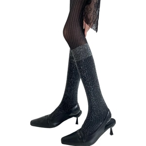 utumn And Winter Shimmering Silver Thread High-End Vertical Black Layered Sexy Legging  Tights  Black Silver F 1Piece