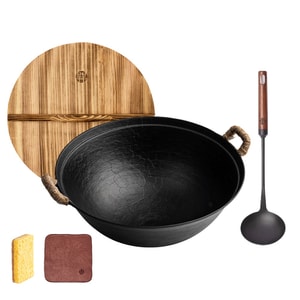 30CM Round Bottom Cast Iron Serving Pot And Iron Ladle Set,With Wooden Lid Dutch