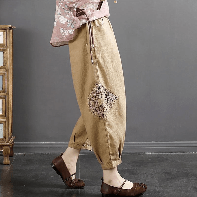 Chinese Style Lace Splicing Embroidery Casual Harem Pants Khaki M