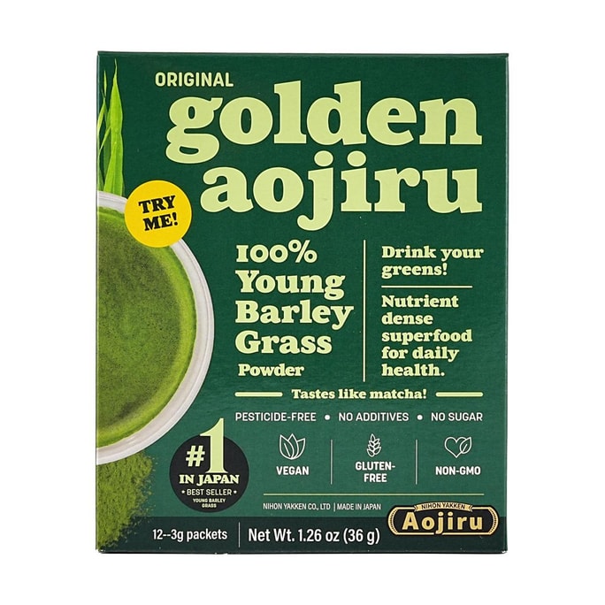 日本NIHON YAKKEN日本药健 Golden Aojiru黄金青汁 原味 3g*12包 100%大麦若叶 无麸质素食主义友好 【美国本土版本】