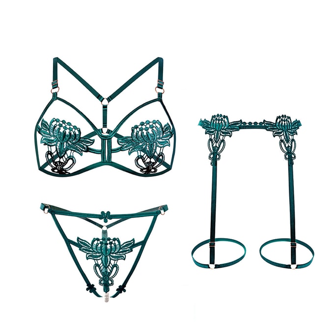 Fun Lingerie Sexy Open-front Three-piece Set Blackish Green One Size