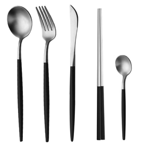 Western Tableware Cutlery Forks Spoons Chopsticks Black Silver 5 Piece/Set