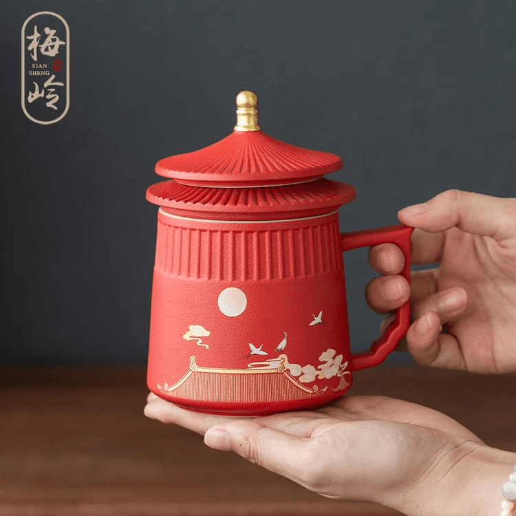 中國直郵】梅嶺先生故宮文創國潮仙鶴陶瓷杯禮物中國風馬克杯泡茶杯紅色