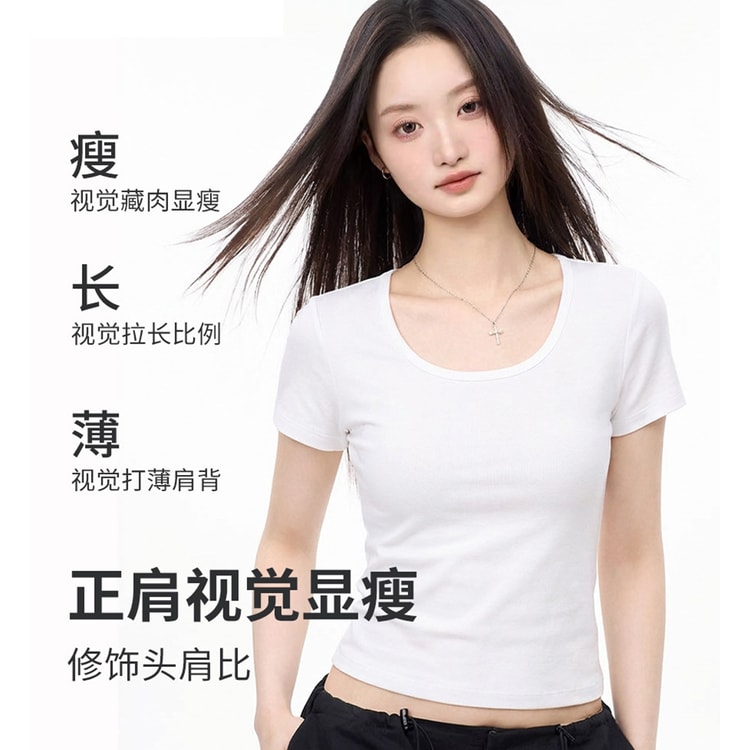 U-neck Regular Shoulder Short Sleeve T-shirt Women American Solid