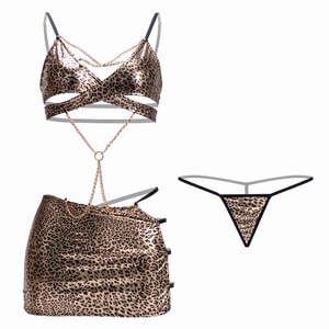 Fun Lingerie Sexy Deep-V Glossy Leopard Print Queen Set Leopard Print One Size