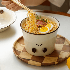 川岛屋 可可豆系列 带盖泡面碗 可爱陶瓷大碗 大容量 微波炉适用