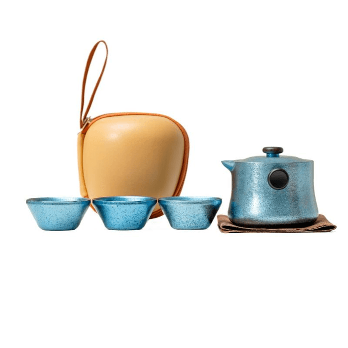 【中国直邮】 一品仟堂 纯钛旅行茶具钛杯套装便携快客杯 双耳浅蓝 一壶三杯 壶245毫升