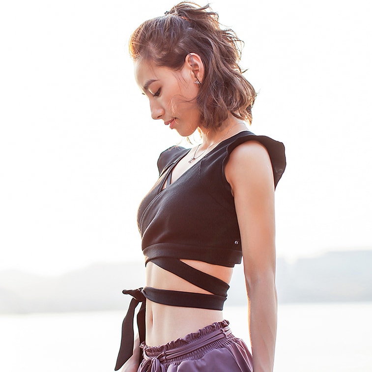 暴走的萝莉 无袖绑带运动短袖  健身瑜伽纯色短袖/温柔迷情黑#/S 3