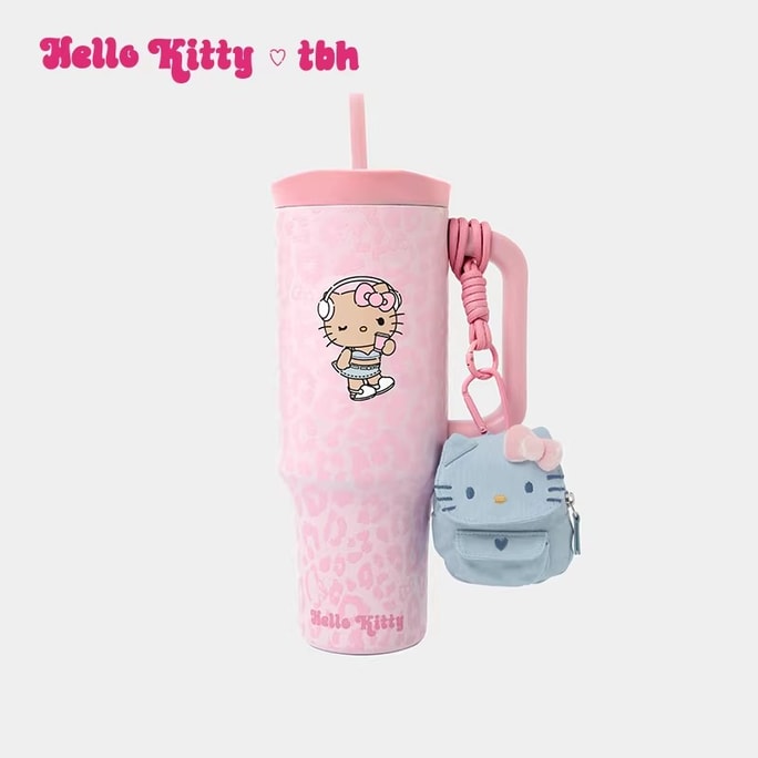 【中国直邮】 THEBEAST野兽派 野兽派 家居三丽鸥Hello Kitty巨无霸保温杯吸管杯不锈钢保冷杯 粉色豹纹 (含mini收纳包挂件)一个装