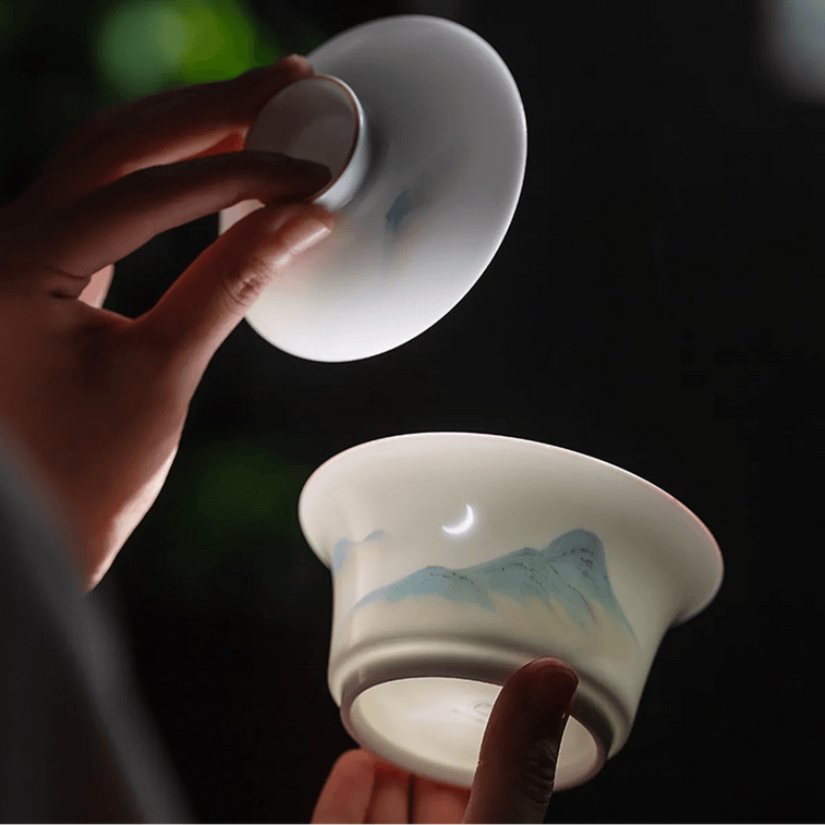 Jingdezhen Linglong Ceramic Gaiwan Tea Set 1 Gaiwan 1 Fair Cup 4 Cups Landscape Design 10