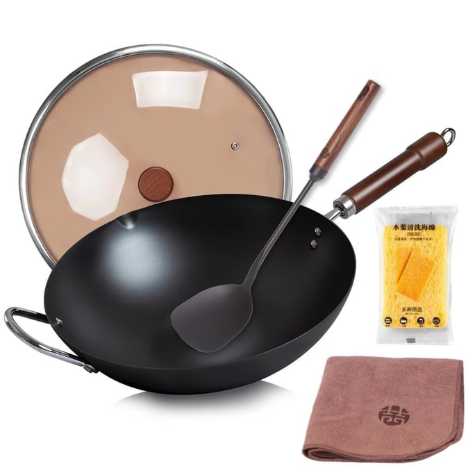36CM Chinese Cast Iron Wok + Spatula Set Carbon Steel Pan With Lid Flat Bottom No Chemical Coated For All Stoves