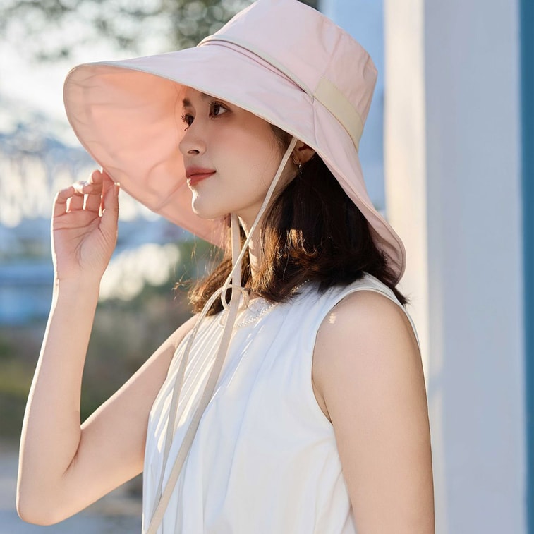 【中国直邮】 HSPM 夏季新款防晒帽 女韩版简约时尚沙滩太阳帽 大沿遮脸防紫外线渔夫帽 粉色F 1件装 3