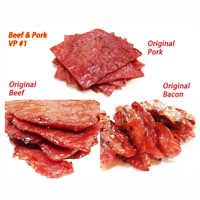 现火烤猪肉+牛肉干 (原味猪肉 4oz./原味牛肉 4oz./原味培根 4oz.) 3袋-总计12盎司 正宗新加坡风味肉干肉脯 340g