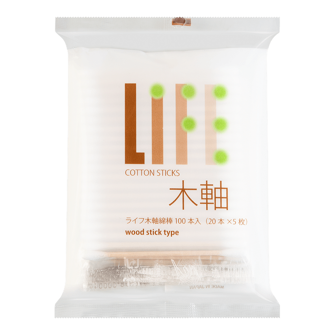 日本LIFE 雙頭木軸純棉棉棒 木軸 100支入 (20支*5包)