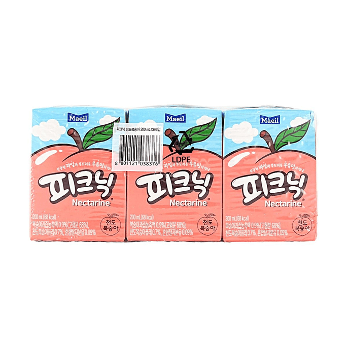 피크닉 넥타린 맛 주스 음료, 6팩, 40.58 fl oz (120ml), 상큼하고 달콤한 한국 과일 음료