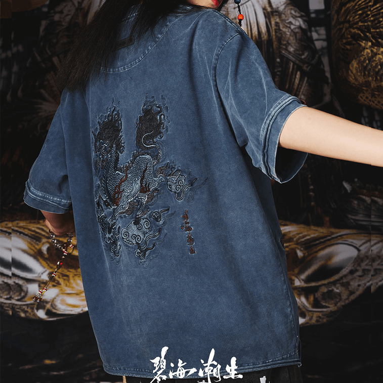 Chinese Style Embroidered Cotton Short Sleeve T-shirt For Men Women BlueX-Large 3