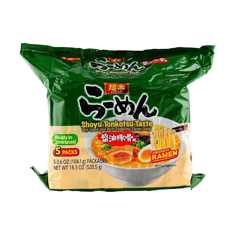 멘라쿠 일본 라면 - 즉석면, 쇼유 돈코츠 맛 - 간장과 진한 돈코츠 맛 국물, 5개입, 18. 4