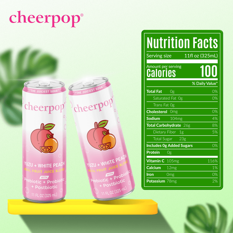 Cheerpop Yuzu & White Peach Sparkling Fruit Juice Blend - Prebiotic, Probiotic & Postbiotic Functional Beverage - Real Fruit Juice - Gluten Free - No Caffeine - 11 Fl Oz - Pack Of 6 3