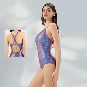 High End One Piece Racing Swimsuit For Plus Size Women Pool Training Purple Python Gold Foil Regular Size S 1 Piece