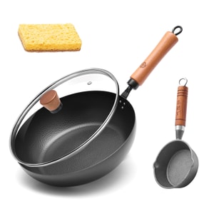  【锻打煎锅+11cm泼油小锅 】王源吉 28cm煎锅+热油泼油小铁锅组合 无涂层  加厚款 不易粘锅 所有炉灶通用