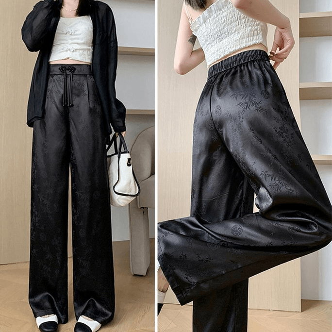 Chinese Style Stain Knot Button Jacquard High-waist Wid-leg Casual Pants Black S