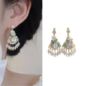 "보헤미안 레트로 스타일" 크리스탈 핸드메이드 귀걸이, 14K 두꺼운 금도금 + S925 실버, 편안하고 알레르기 방지, 이국적인 디자인, 휴가철 의상에 어울리는 시선을 사로잡는 스터드 귀걸이