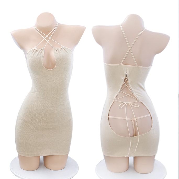 Cross Lace Up Backless Dress Sexy Underwear Nightdress Cream-coloured One Size