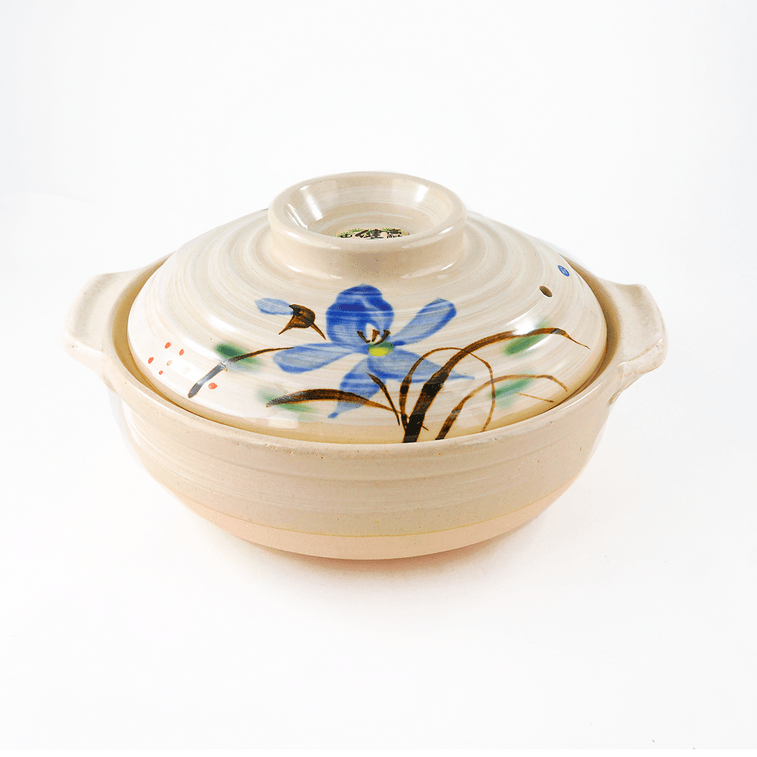 Japanese Clay Pot Donabe Blue Flower Print 72oz 10x6” 3